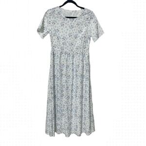 Maxi Short Sleeve 100% Cotton White and Blue Roses Long Dress